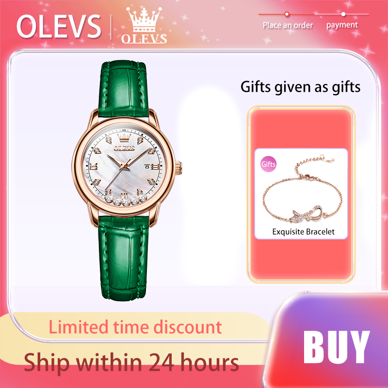 OLEVS-Relógio Quartzo Diamante Impermeável Feminino, Marca Simplicidade Relógios, Pulseira De Couro, Calendário, Pulseira De Beleza, Moda, Presente