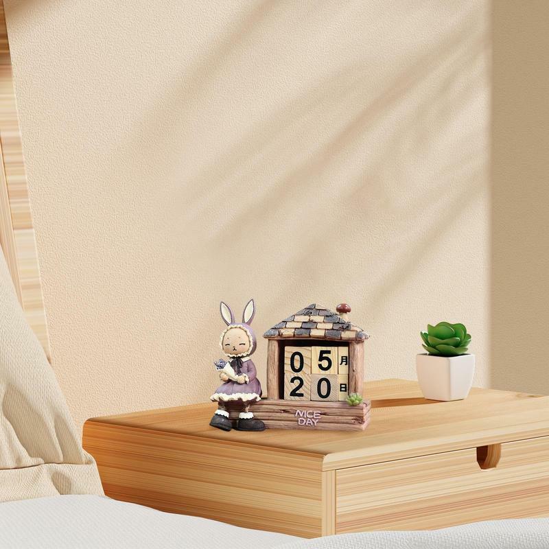 Calendrier de table en bois massif et fer forgé, décor de table avec motif de lapin, table à manger, petite table de cuisine