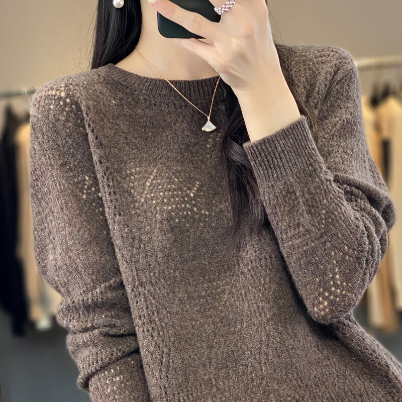 Spring Autumn New 100 Woolen Sweater Women's Low Round Neck Pullover Knitted Hollow Out Thin Solid Color Bottom Loose Top Trendy