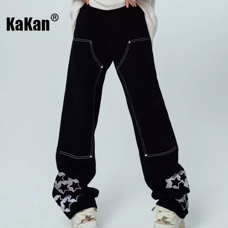 Kakan กางเกงยีนส์ปักลายดาวสำหรับผู้ชาย, กางเกงยีนส์ปักลายดาว K27-5302 celana JEANS Panjang สีดำทรงหลวมแนวสตรีทยุโรปและอเมริกา
