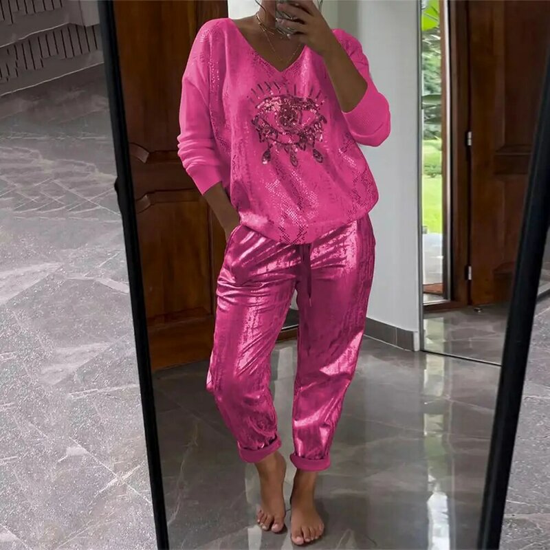 Double Pocket Casual Suit Women's Bronzing Loose Glossy Top Elastic Waist Pants Set with Side Pockets Casual Sport for Daily