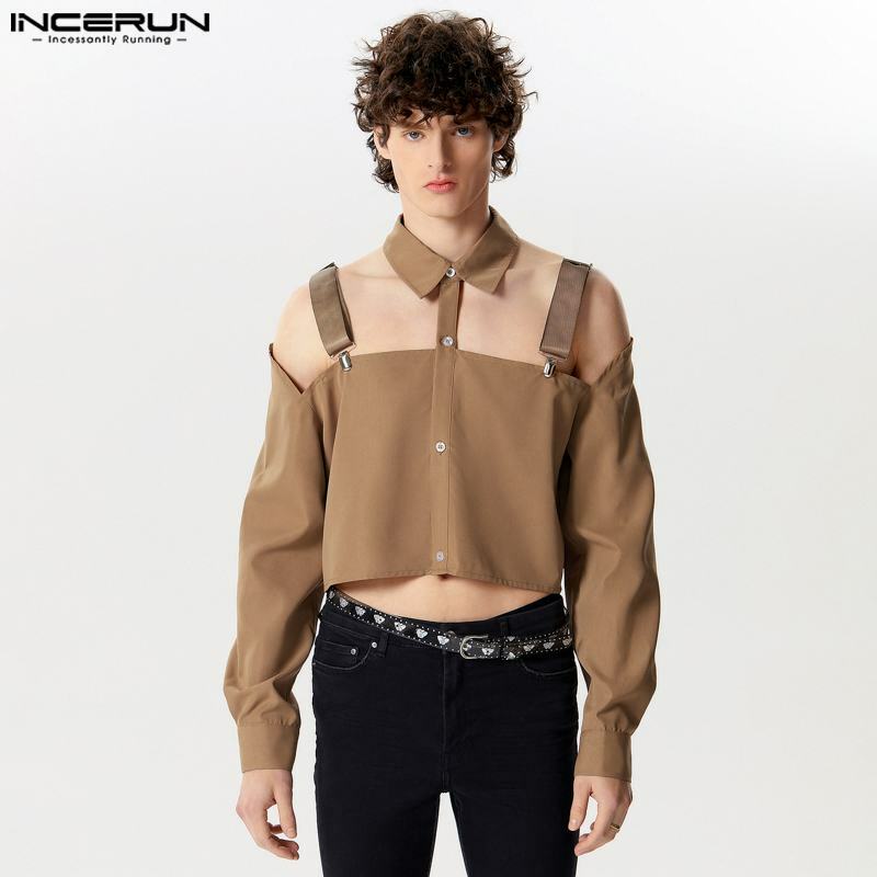Incerun-camisa de botão manga comprida com lapela masculina oca, tops sexy, streetwear casual, monocromática, moda, 2024