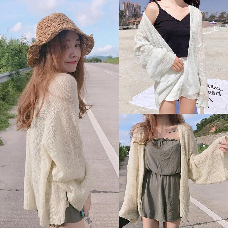 Summer Knitted Cardigan Cardigan lazy loose Hollow soild color long-sleeved air-conditioned shirt Cropped Sweter Cardigan