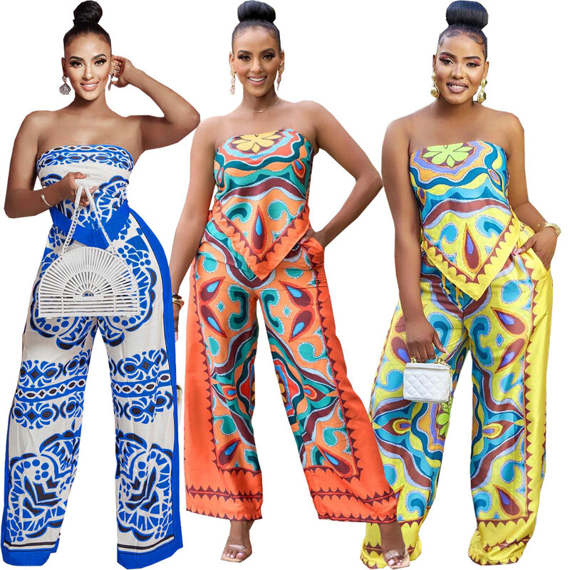 Conjunto de 2 peças de impressão em poliéster sem mangas, calça comprida e top sexy, roupa africana, azul, amarelo, laranja, verão, 2023