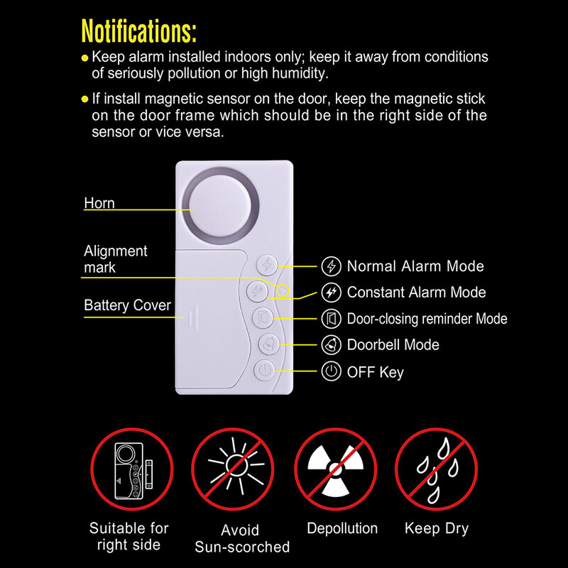 Alarma antirrobo inalámbrica con Sensor magnético, configuración de retardo múltiple para puerta de seguridad adicional para ventana