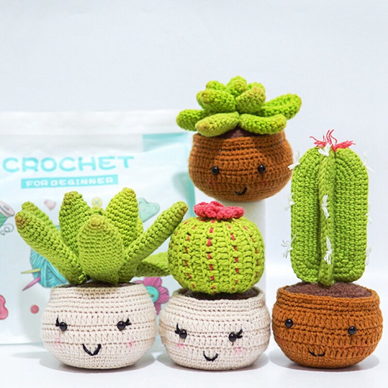 Beginner Crochet Kit, Learn Crochet Kit As Shown Acrylic 4-Pack Plant Collection Cactus Ornamental Plant Pot For Adults And Kids