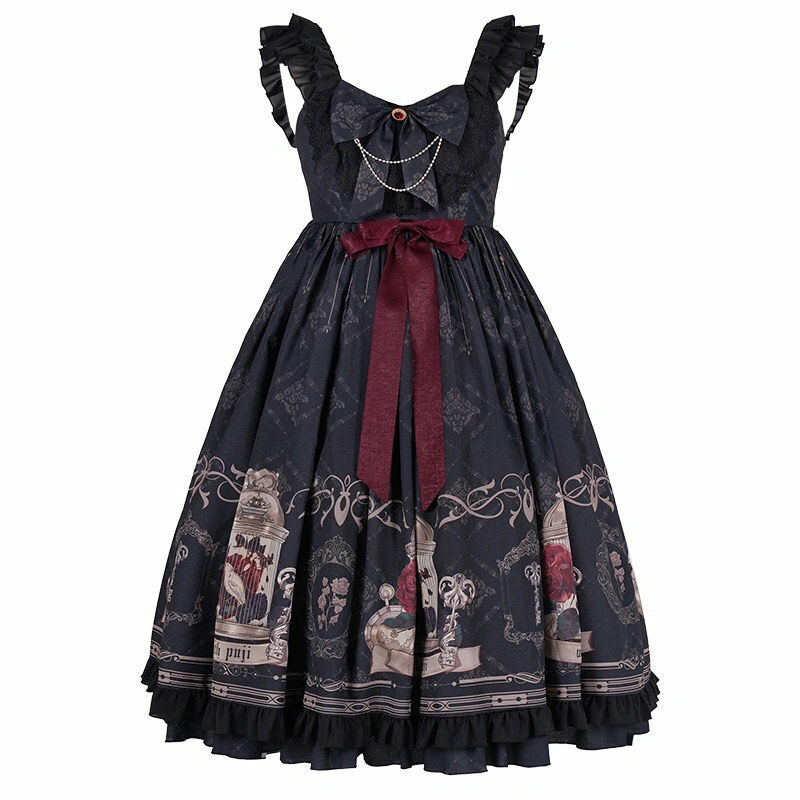 Mroczny styl Gothic Lolita Jsk noktowizor i róża Vintage kobiety Harajuku Lolita wiktoriańska księżniczka sukienka Party