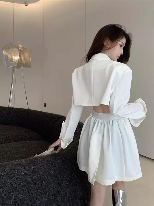 High Waist Women Dress Blazers Korean Elegant Office Ladies Single Breasted Tunic Suit Jacket Sexy Hollow Out Vestidos