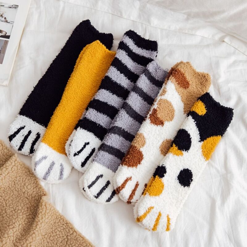 Calcetines de invierno con dedos de animales para mujer, calcetín cálido de lana de Coral, pata de gato, calcetines gruesos suaves para dormir, 1 par