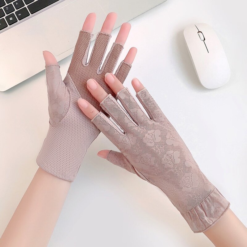 Lace Driving Gloves Fashion Mesh Flowers Half Finger Gloves Cotton Elegant Sunscreen Mittens Women