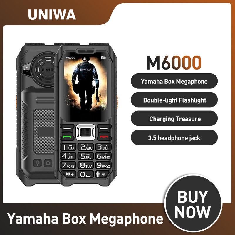 UNIWA-M6000 Power Bank 2G Feature Phone, 2,3 pulgadas, Radio FM, MP3, soplete de grabación de voz, teléfono móvil barato, teclas en inglés, botón para teléfono móvil