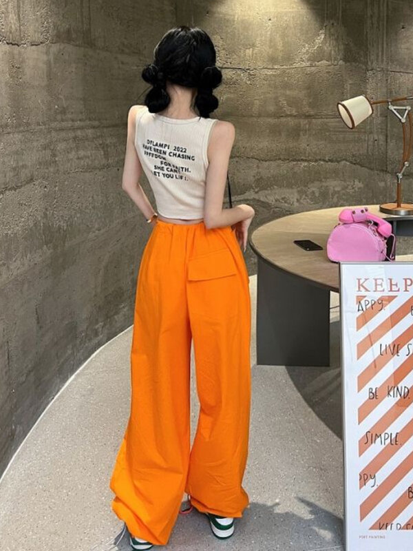 Женские уличные брюки-карго Y2K, модные оранжевые мешковатые прямые брюки в Корейском стиле, повседневные однотонные брюки-джоггеры с широкими штанинами и карманами