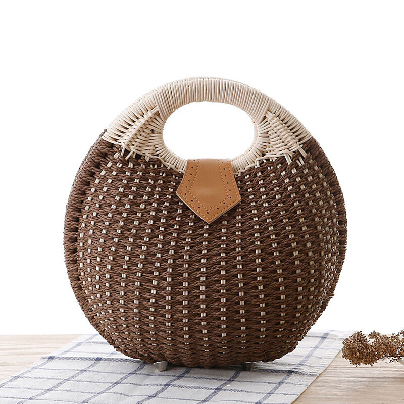 女性のための手作りの籐ハンドバッグ,丸いシェル型の籐のハンドバッグ,織りの夏のビーチバッグ,休暇のためのかわいい小さな財布