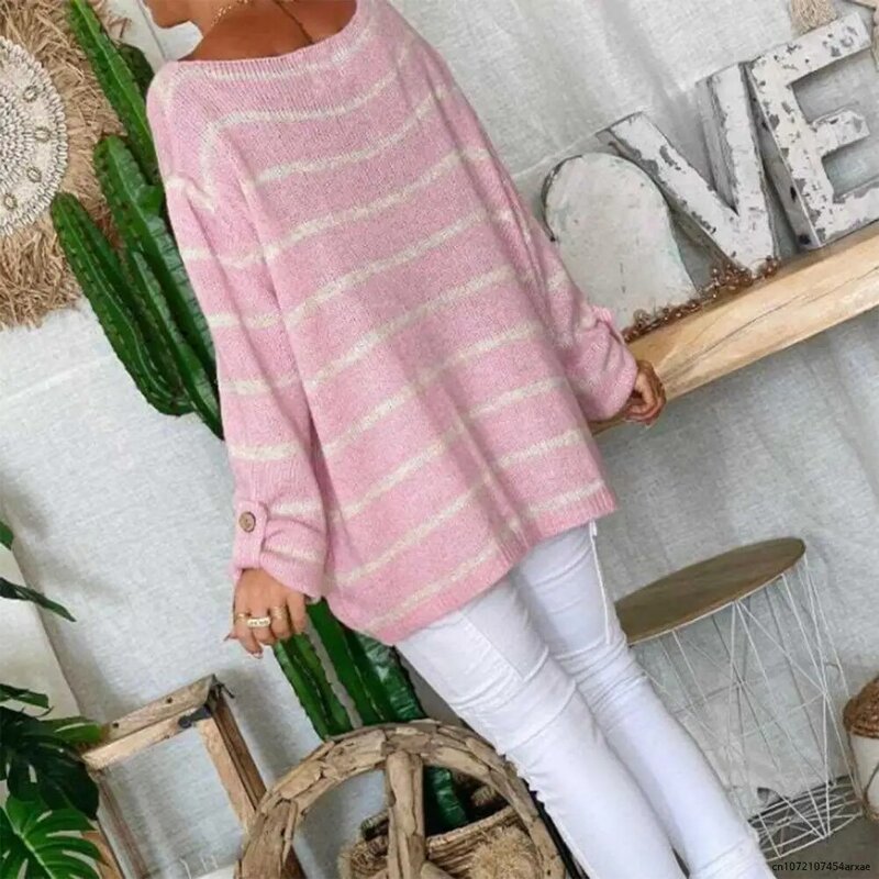 Pullover Sweater 2024 Autumn And Winter Big Pocket Buttons Cuffs Knitted Sweater Jumper Striped Print Oversized Knitting Sweater