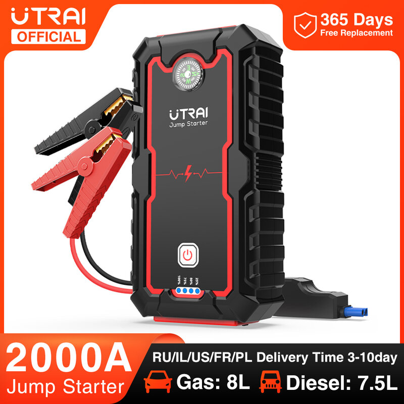 UTRAI-Jump Starter Power Bank, carregador portátil, dispositivo de partida, bateria de carro de emergência, 2000A, 8.0L, 6.0L