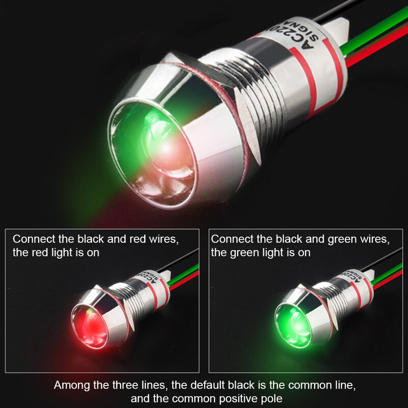 Indicatore luminoso in metallo a due colori con cavo LED impermeabile verde rosso 3V 6V 12V 24V 110V 220V 8MM 10MM 12MM 14MM 16MM