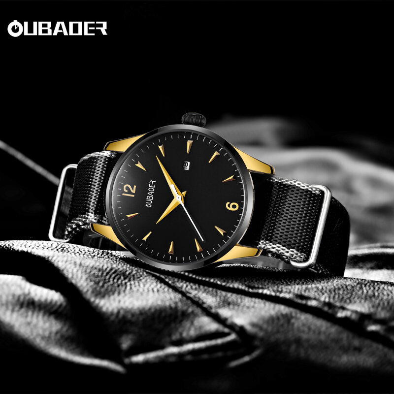 Oubaoer jam tangan kuarsa mewah pria, arloji seri nilon mewah kelas atas bisnis tahan air tali nilon