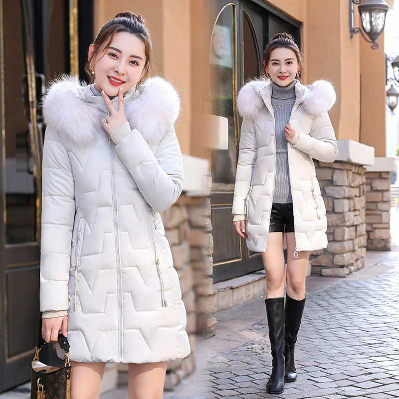 2023 neue Frauen Daunen Baumwoll mantel Winter jacke weibliche mittellange Version Parkas dicke warme Outwear Pelz kragen Kapuzen mantel