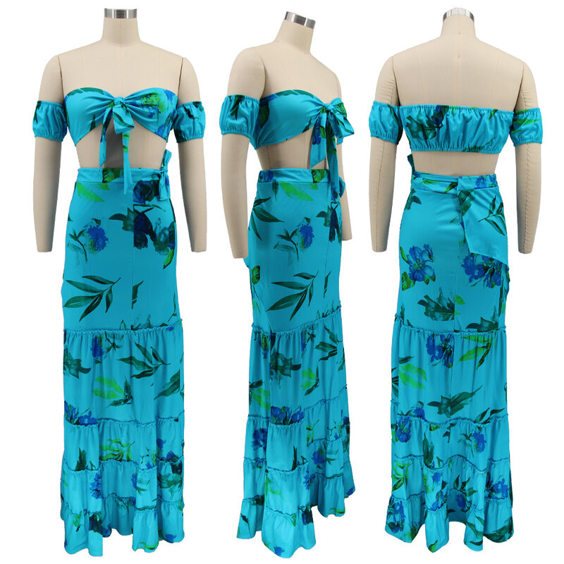 SKMY Elegant Floral Printed 2 Piece Set Women Sexy Lace Up V Neck Crop Top + Long Skirts Night Club Party Beach Outfits 2023