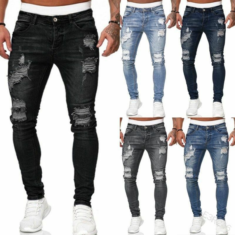 Y2K Men's Hole Black Pencil Pants Mens New Stretchy Ripped Skinny Stretch Jeans Slim Fit High Quality Hip Hop Men Denim Trousers