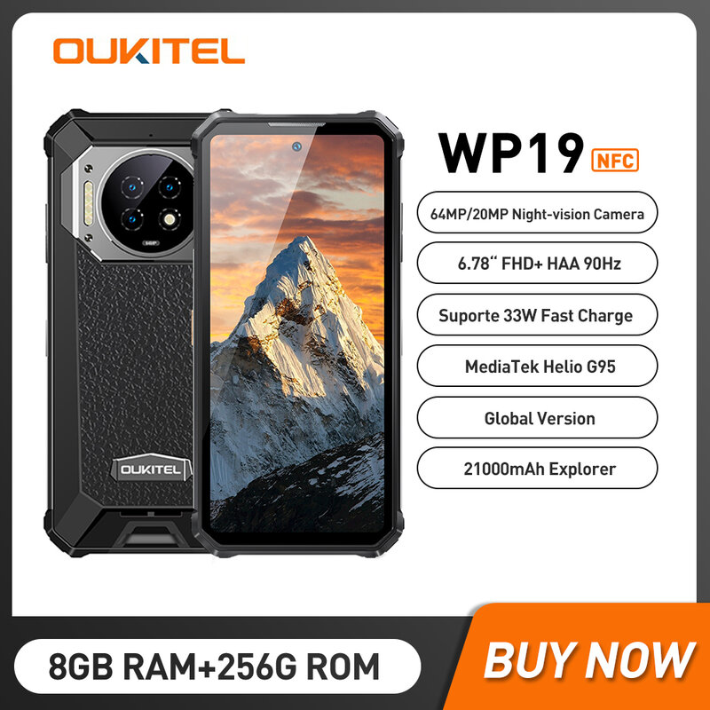 Oukitel WP19 스마트폰, 21000 mAh 배터리, 8GB 256GB, 안드로이드 12 휴대폰, 64MP 카메라, 6.78 인치 FHD 90 Hz 견고한 휴대폰