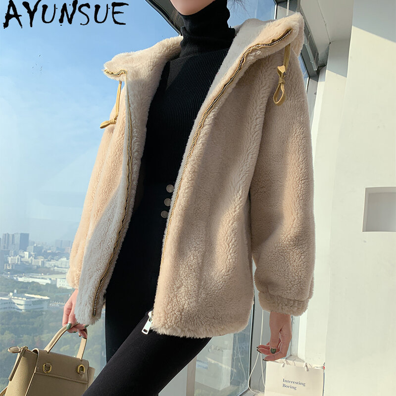 AYUNSUE 100% Granular Wool Coats for Women 2023 Autumn Winter Hooded Sheep Shearing Jacket Loose Outerwears Chaquetas Para Mujer