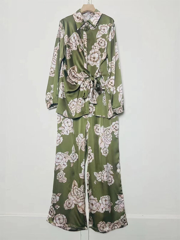Conjunto de camisa solta de lapela vintage feminino, cintura com cordões, cintura alta, calça de perna larga, moda primavera, novo, 2 peças, 2024