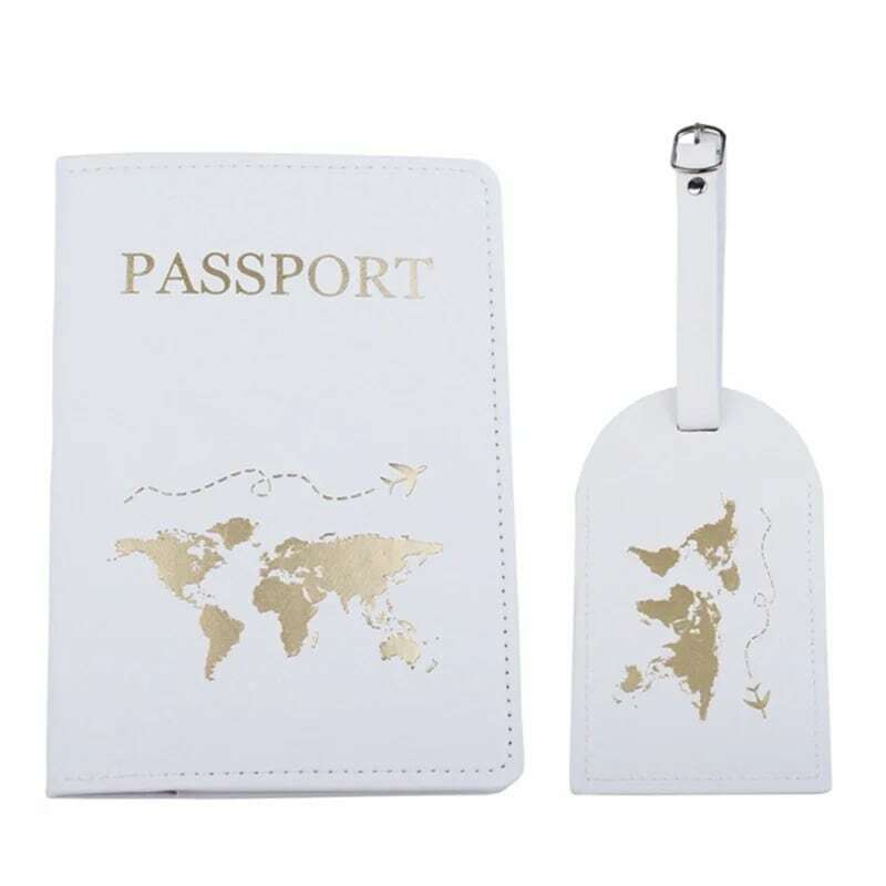 1Set bagasi kulit PU tag nama Pria Wanita sarung penutup paspor dompet untuk pasangan bulan madu pernikahan perjalanan pengatur paspor
