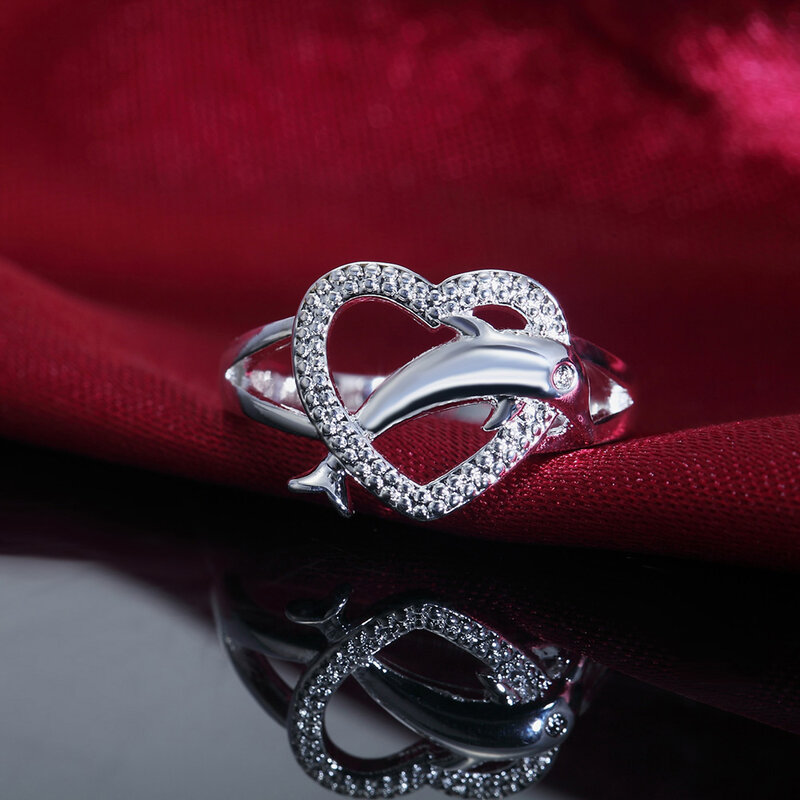 925 Sterling Silver Anéis finos para mulheres, golfinhos do amor, coração, presentes de festa de casamento, jóias elegantes para casal, alta qualidade