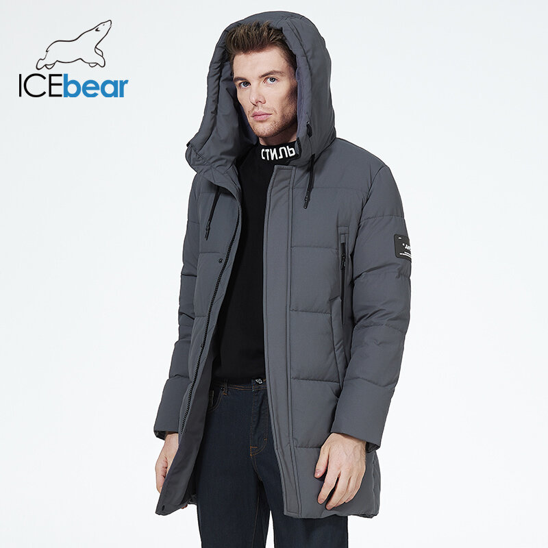 ICEbear jaket bertudung untuk pria, pakaian tebal hangat setengah panjang jaket katun modis musim dingin 2023