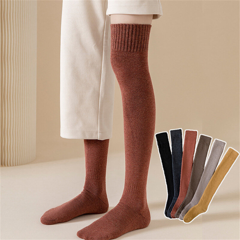 Meias longas do joelho das mulheres alta coreano sólido quente inverno estilo japonês tubo sobre o joelho de lã para meninas joelho terry meias harajuku