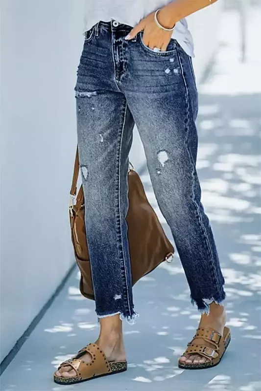 Calça jeans feminina de cintura alta com buracos, calça reta, lavando buracos, ajuste solto, bolsos, mosca com zíper, calça de comprimento liso no tornozelo, streetwear
