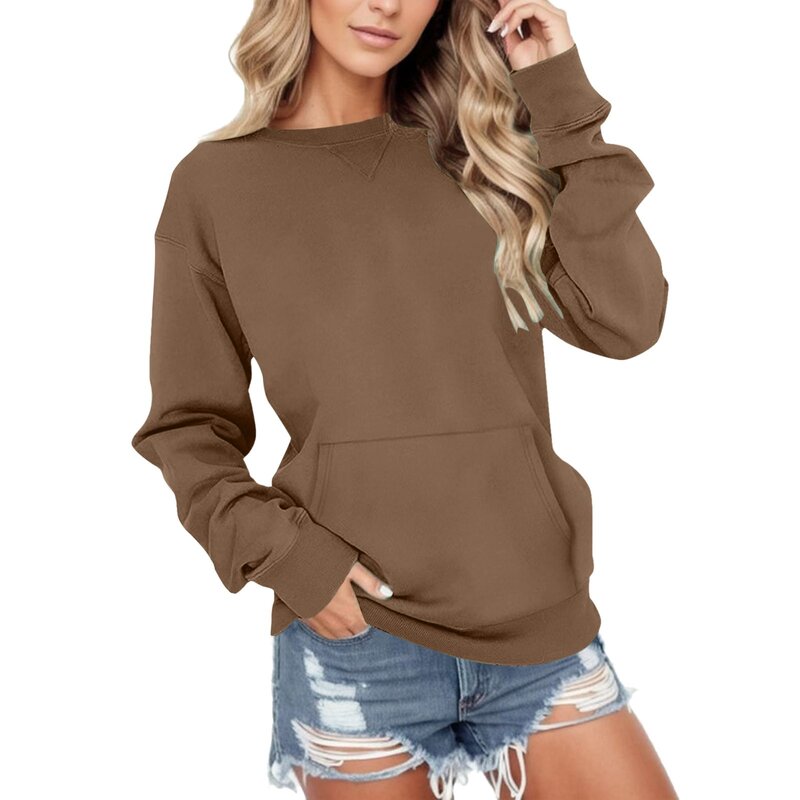 Sweater Pullover Wanita leher O, Sweater Fit Pullover lengan panjang untuk olahraga longgar warna Solid dengan saku