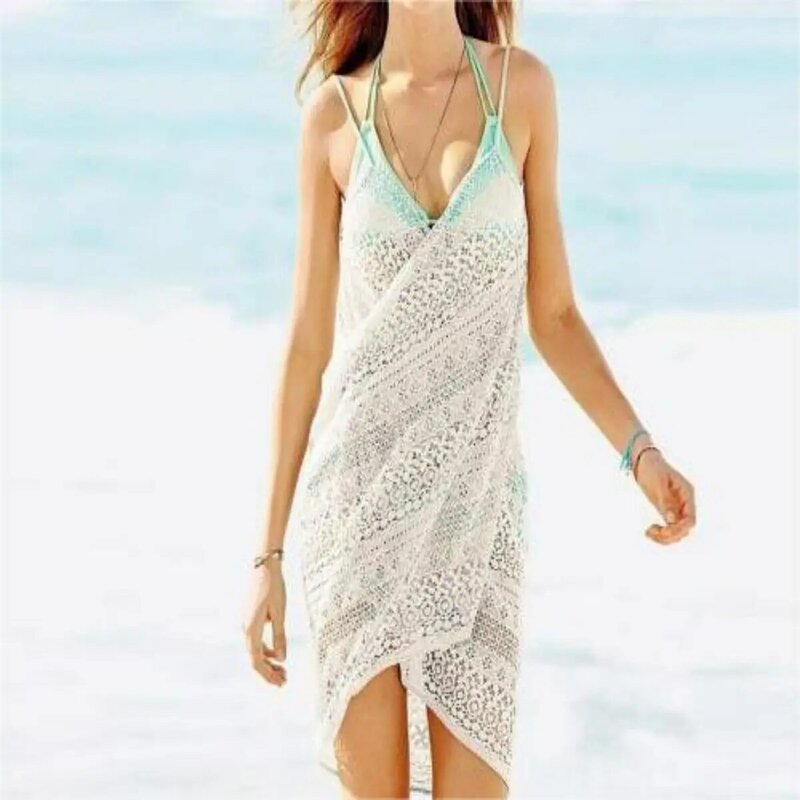 Fashionable Sweet Style Suspenders Jacquard Wrap Dress Women's Sun Protection Beach CoverUp for Summer Vacation and Swimsuit