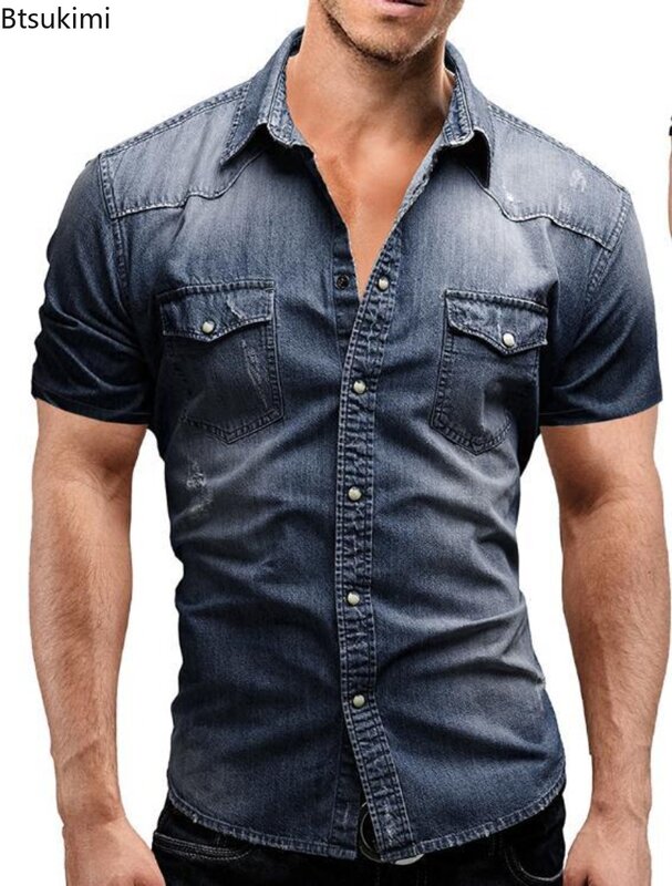 2024 neue Herren Jeans hemd Mode Kurzarm weich solide schlanke Cowboy Tops Herren Trend Streetwear Vintage lässig Cardigan T-Shirt