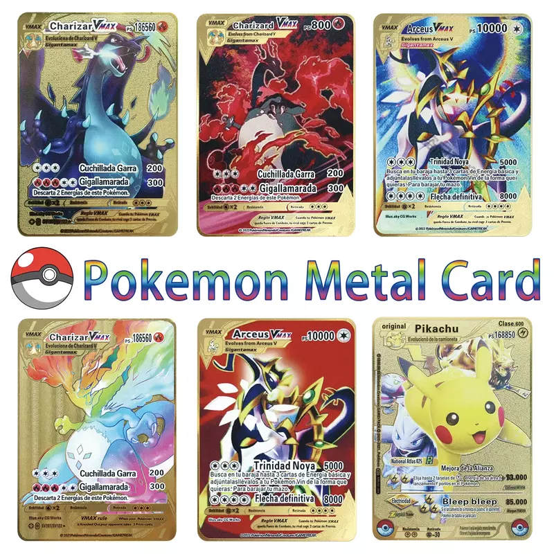 Pokémon Mega GX Collection Cards, Gold Metal Cards, Charizard, Pikachu, Mewtwo, Arceus, Inglês, Francês, Espanhol, Alta Hp, 183200