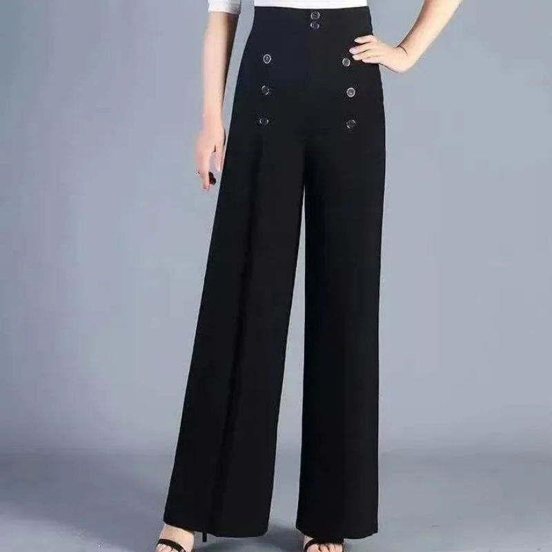 Letnie nowe dwurzędowe elastyczne spodnie z szerokimi nogawkami z wysokim stanem kobiety jednolita moda proste oddychające cienkie luźne proste spodnie