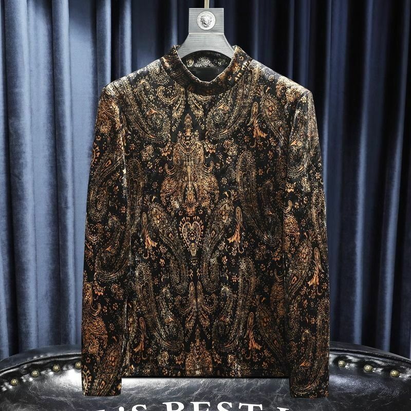 Spring and Autumn Men's 2024 New Pullover Half High Collar Patchwork Printing Fashion Loose Comfortable Casual Long Sleeved Tops