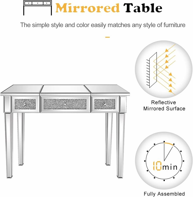 VINGLI 플립 탑 거울이 있는 거울 화장 책상, 반짝이는 다이아몬드가 있는 메이크업 드레싱 테이블, 실버 (벤치 미포함)