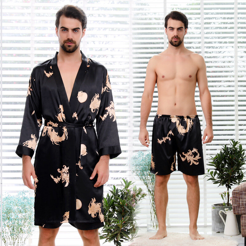 Plus Size Paar Nachtkleding 2 Stuks Gewaad Set Print Satijn Kimono Badjas Dames Slip Nachtjapon Heren Losse Homewear Lounge Kleding