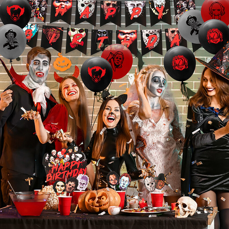 Clássico Horror Movie Character Party Decor Kits, Banner de Pano, Balão, Pulseiras, Adesivos, Vestir, Acessórios para Halloween