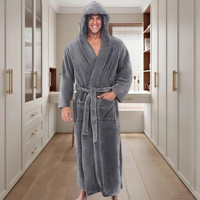 Jubah mandi bertudung pria, dengan sabuk dapat diatur Super lembut halus sangat menyerap warna Solid desain saku jubah mandi pria