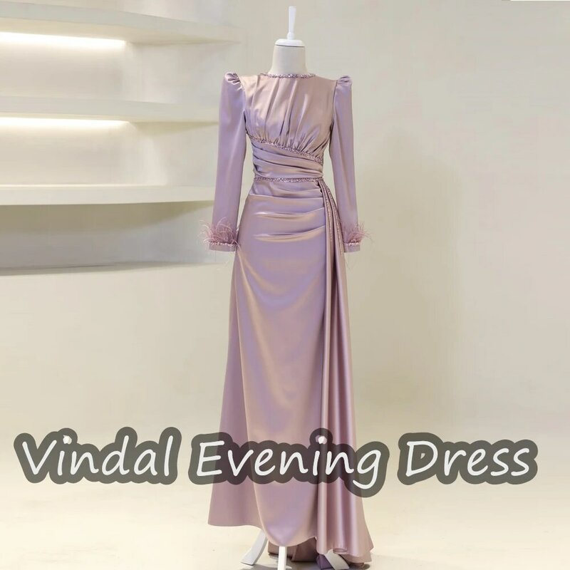 Vindal Ruffle Scoop Necklin Floor Length A-Line Evening Dress Elegant Built-in Bra Saudi Arabia Long Sleeves Satin For Woman