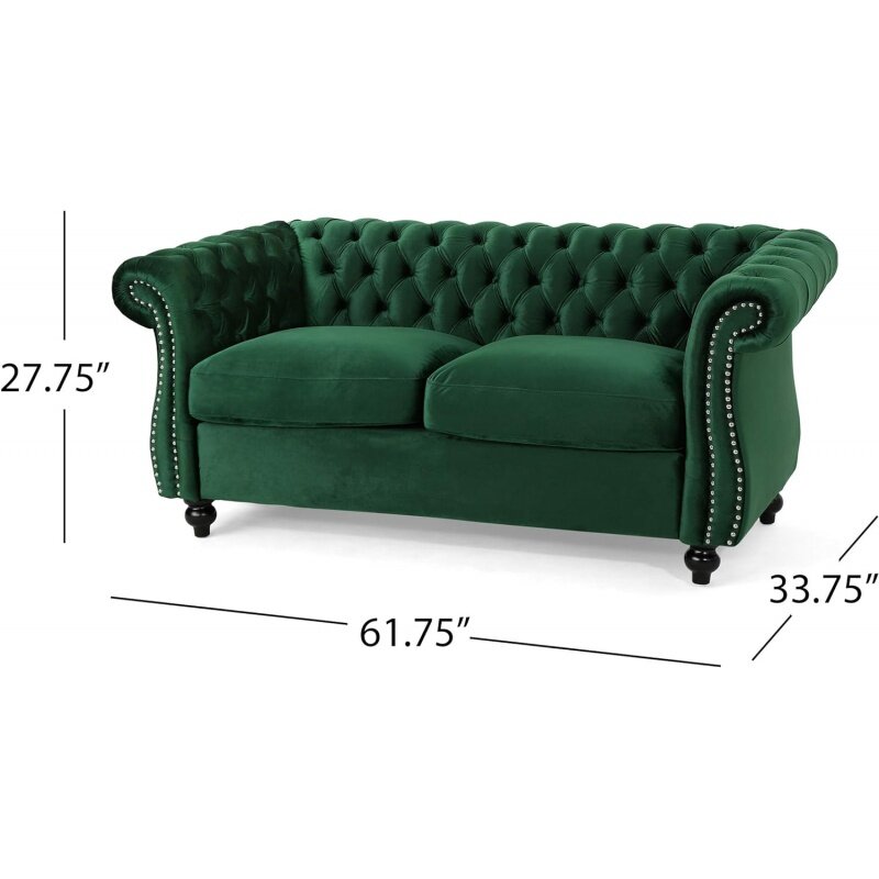 Christopher Knight Home Karen-sofá tradicional Chesterfield Loveseat, Esmeralda y marrón oscuro, 61,75x33,75x27,75