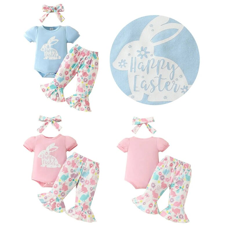 TiaoBug-Conjunto de 3 piezas para niñas recién nacidas, Pelele de manga corta con estampado de conejos, pantalones de campana de conejo y Diadema con lazo
