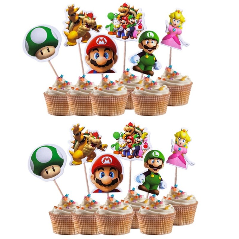 24 Stks/set Super Mario Bros Cake Toppers Mario Party Cupcake Vlaggen Cartoon Baby Shower Kids Verjaardagsfeestje Taart Decoraties Geschenken