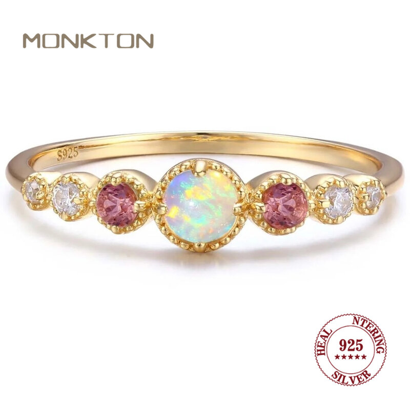 Monkton 14K Gold Plated Created Opal Rings for Women 925 Sterling Silver Rainbow Zirconia Engagement Wedding Eternity Bands