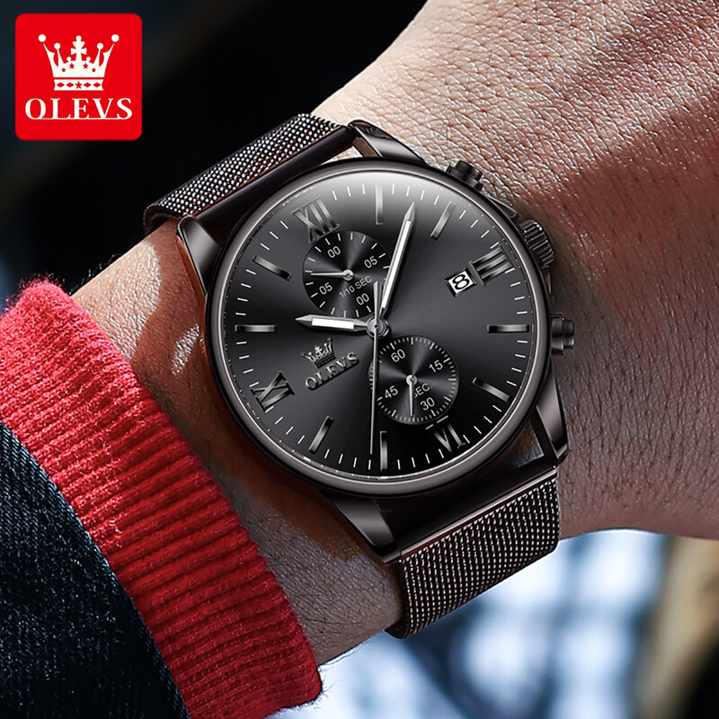OLEVS-reloj de cuarzo ultradelgado para hombre, cronógrafo de marca superior de lujo, con correa de malla de acero, resistente al agua, color negro, nuevo