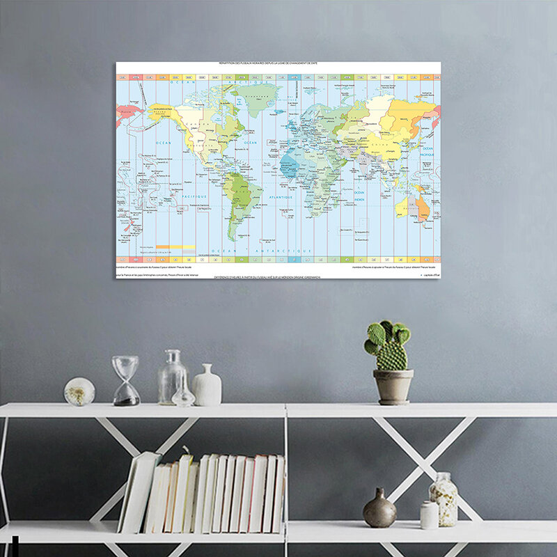 150*100cm The Wold Time Zone Map In French Vintage Non-woven Canvas Painting Wall Art Poster School Supplies Home Decor