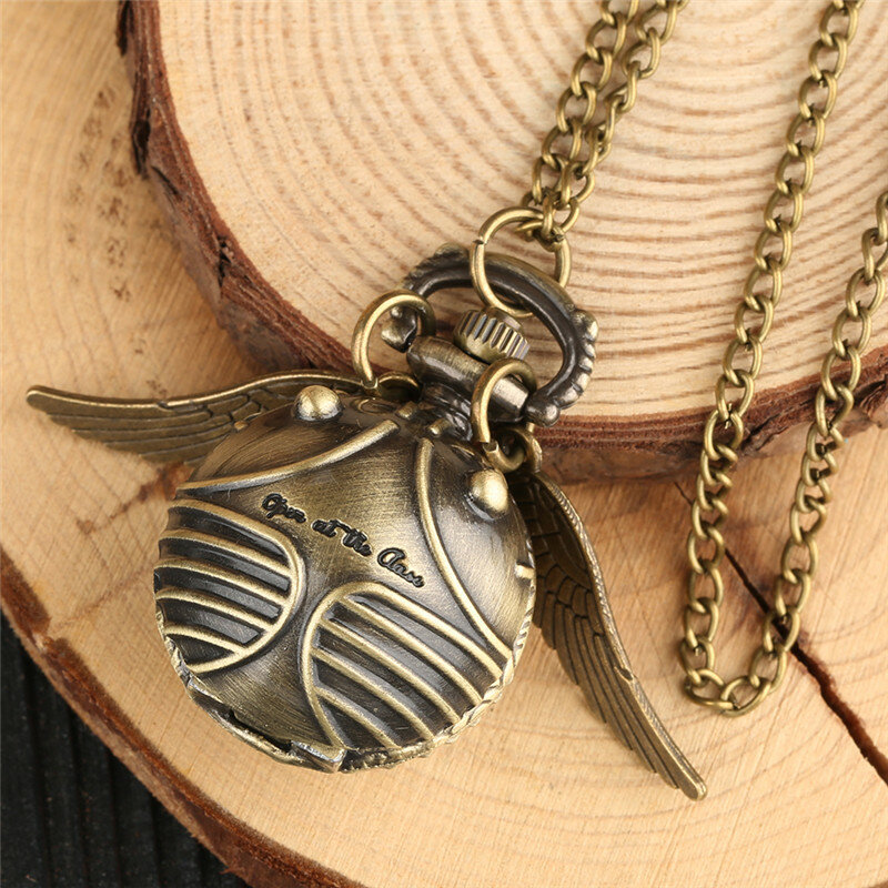 Reloj antiguo con forma redonda y colgante de alas para hombre y mujer, Mini Reloj de bolsillo analógico de cuarzo, Reloj de cadena larga